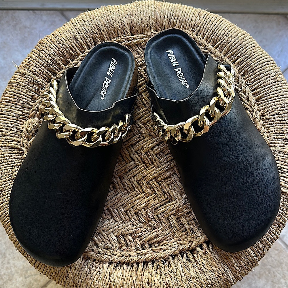 Brand new black Public Desire clogs with heavy gold curb chain accent